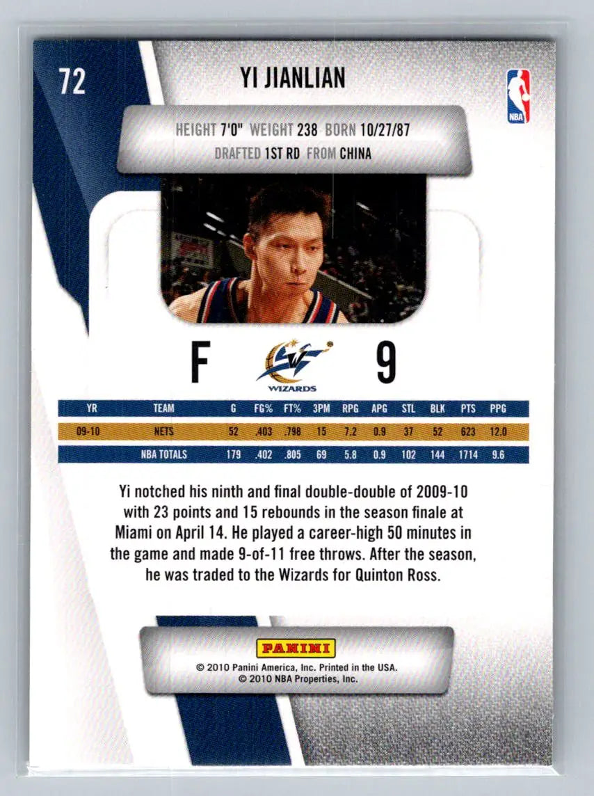 2010-11 Panini Prestige #72 Yi Jianlian Washington Wizards - Basketball Card Single
