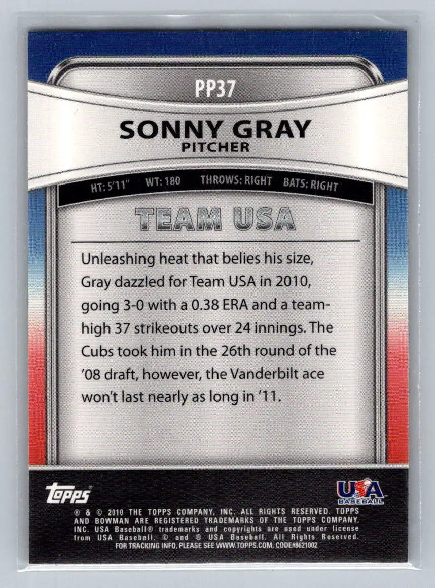 Sonny Gray baseball card from 2010 Bowman Platinum PP37 Sonny Gray Prospects Oregon Ducks