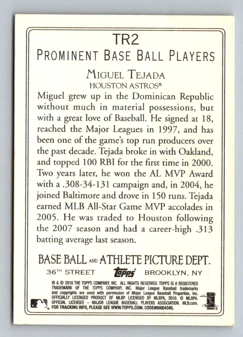 2010 Topps TR2 Miguel Tejada Turkey Red baseball card Houston Astros collectible