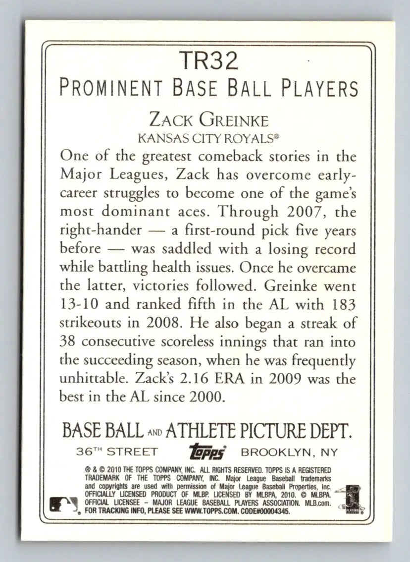 Back of 2010 Topps TR32 Zack Greinke Turkey Red Kansas City Royals baseball card