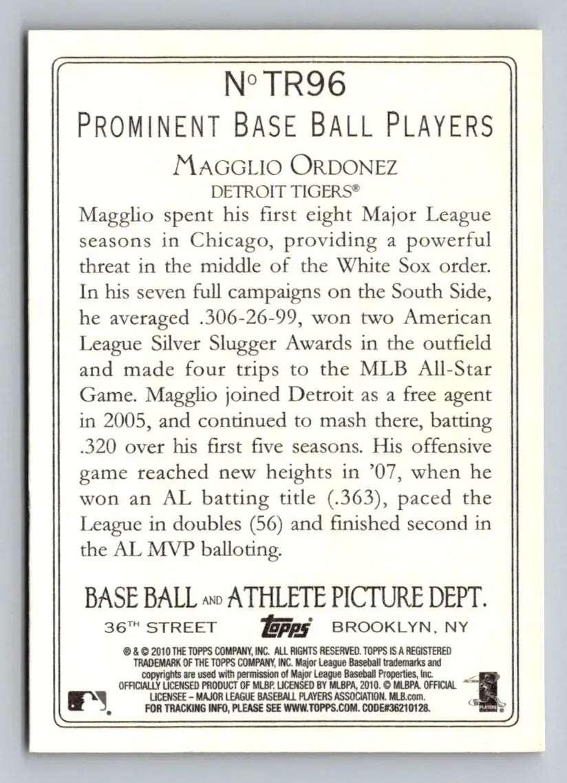 Magglio Ordonez Turkey Red card from the 2010 Topps TR96 collection, Detroit Tigers