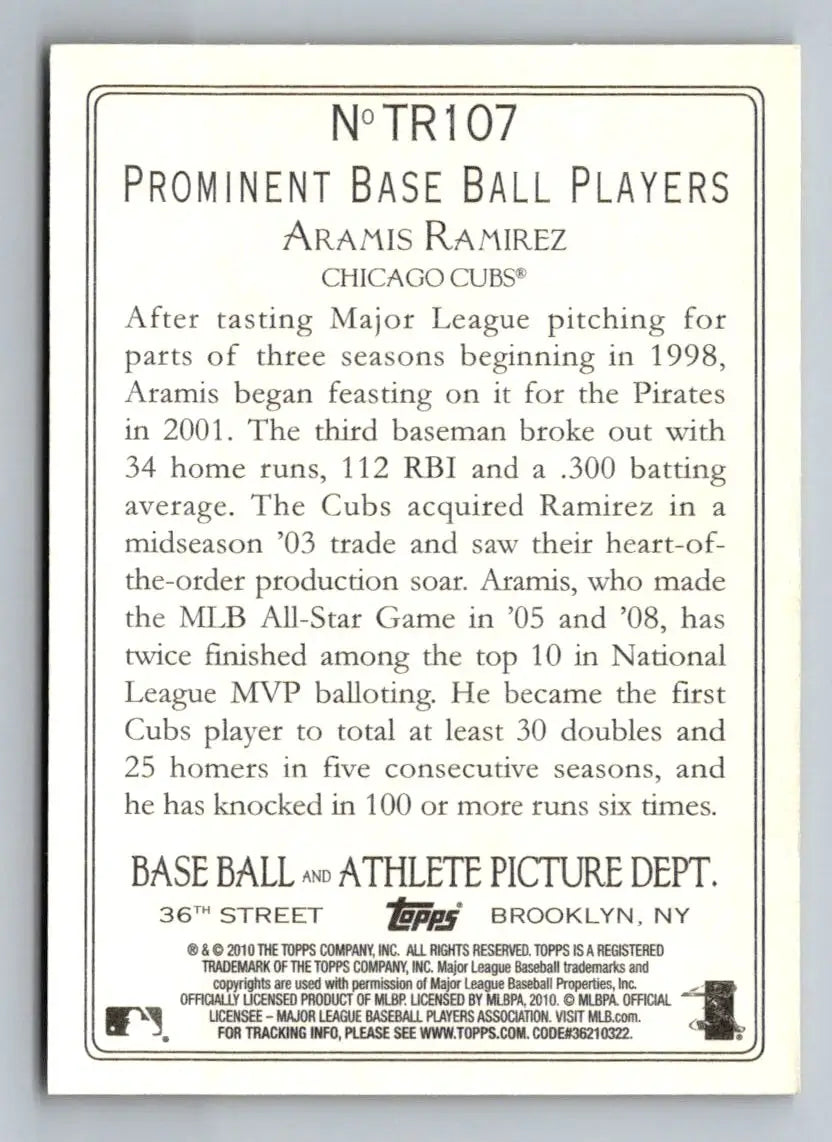 Back of 2010 Topps Update TR107 Aramis Ramirez Turkey Red baseball card