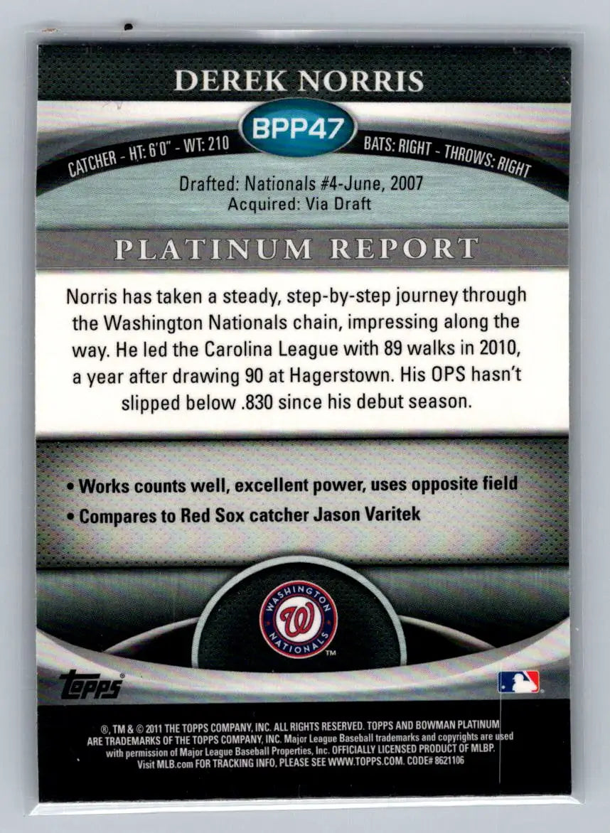 Derek Norris baseball card from 2011 Bowman Platinum BPP47 Prospects series