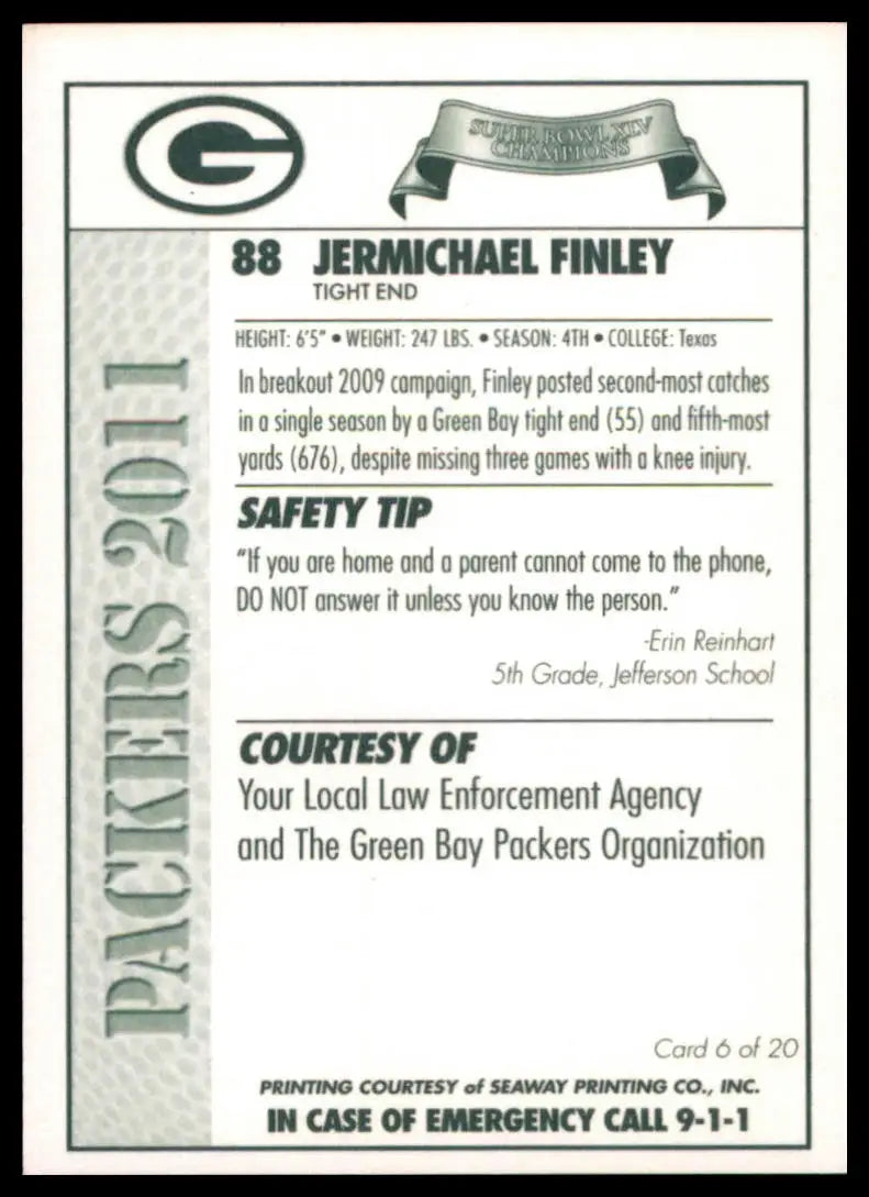 2011 Green Bay Packers Police Jermichael Finley 6 Green Bay Packers NM - Football Card Single