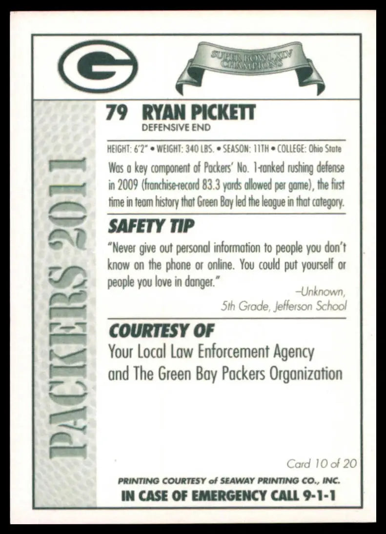 2011 Green Bay Packers Police Ryan Pickett 10 Green Bay Packers NM - Football Card Single