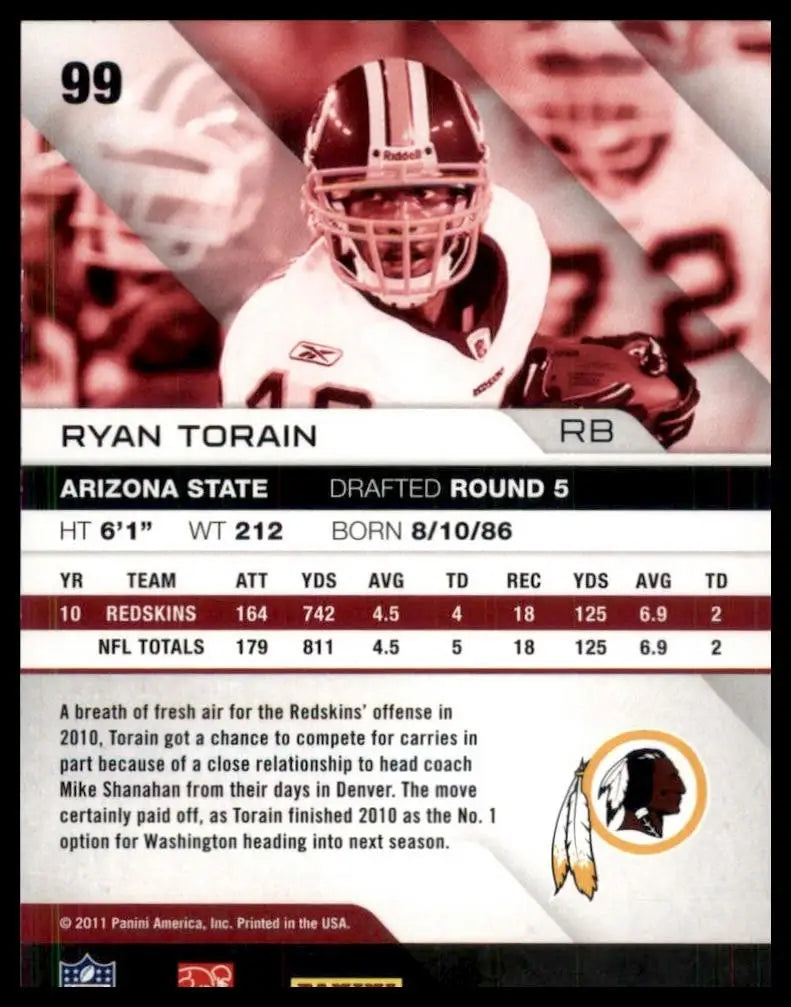 2011 Panini Absolute Memorabilia Ryan Torain #99 Washington Redskins Football - Football Card Single