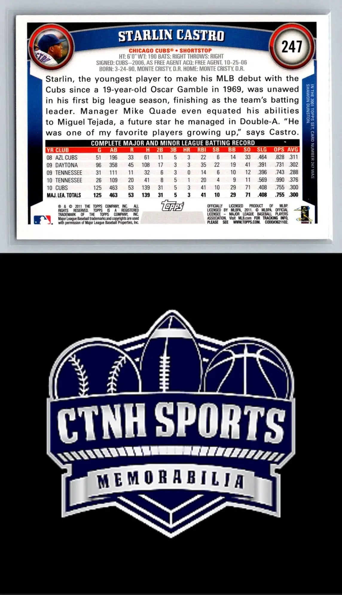Baseball card featuring 2011 Topps #247 Starlin Castro Diamond Anniversary Chicago Cubs