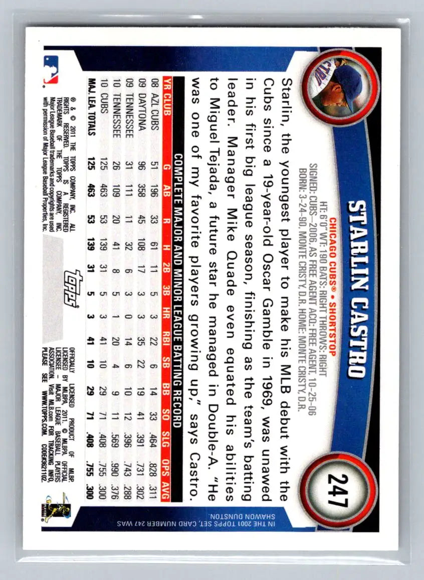 Starlin Castro 2011 Topps #247a Sparkle baseball card featuring Chicago Cubs star