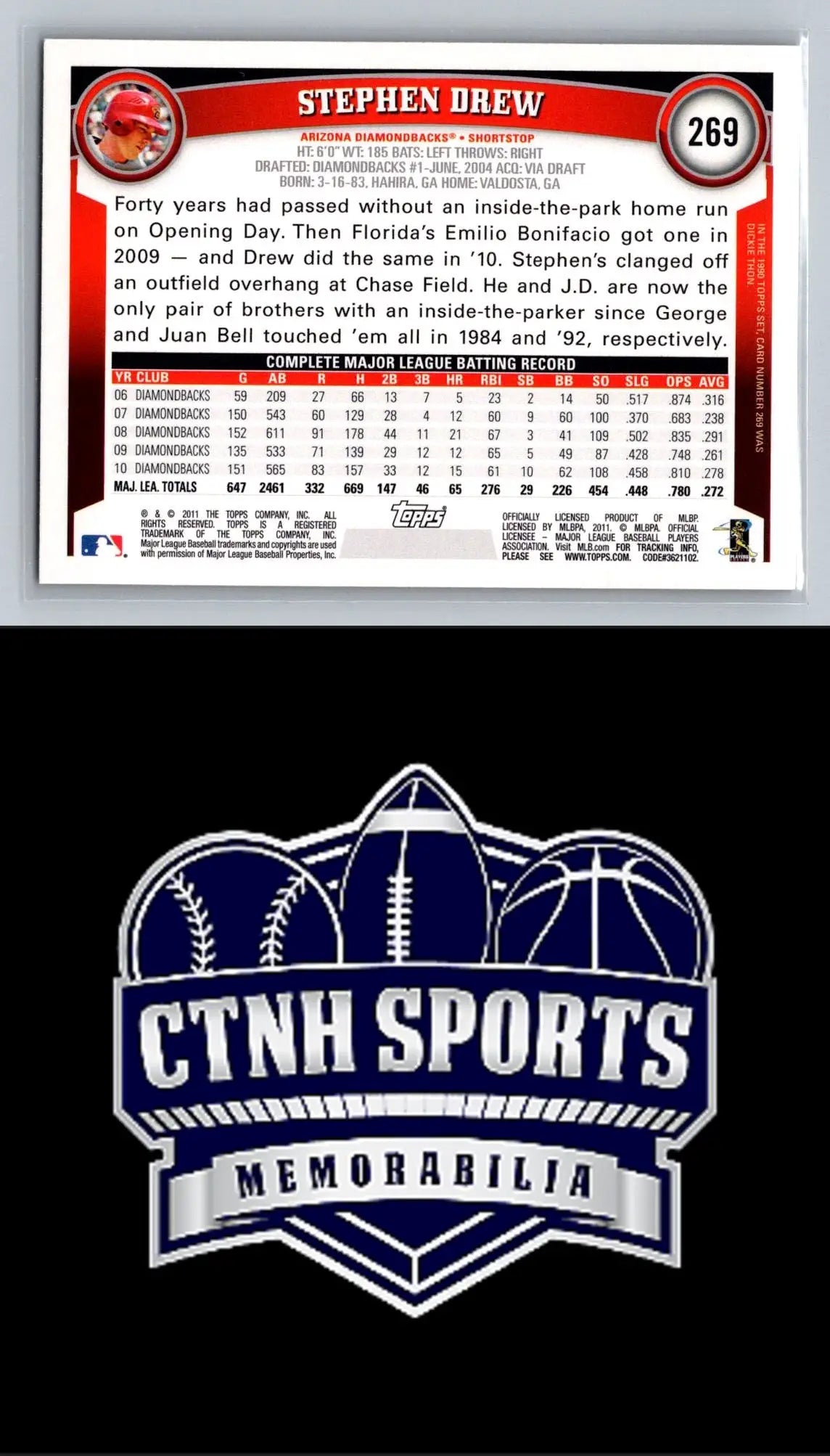 Back of 2011 Topps #269 Stephen Drew Cognac Diamond Anniversary baseball card