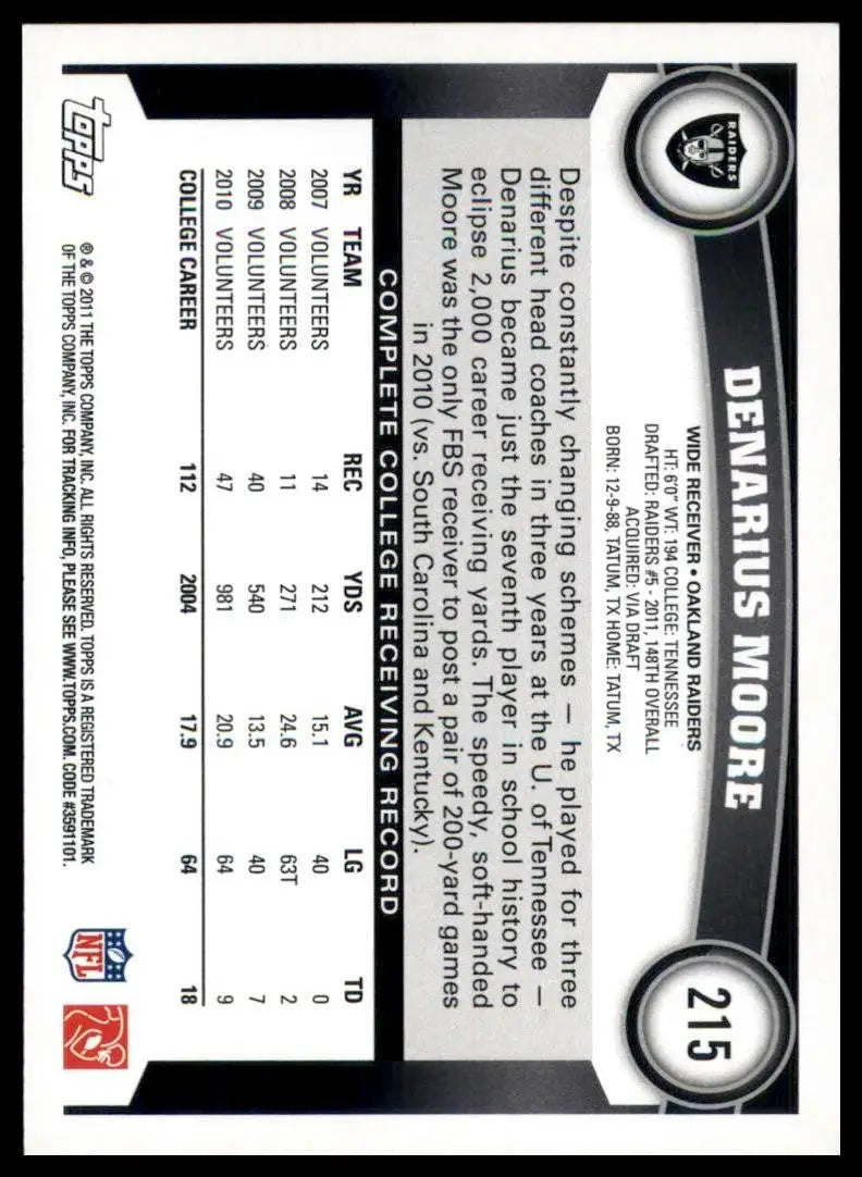 2011 Topps Denarius Moore #215 Rookie Oakland Raiders Football Card NFL Sports - Football Card Single