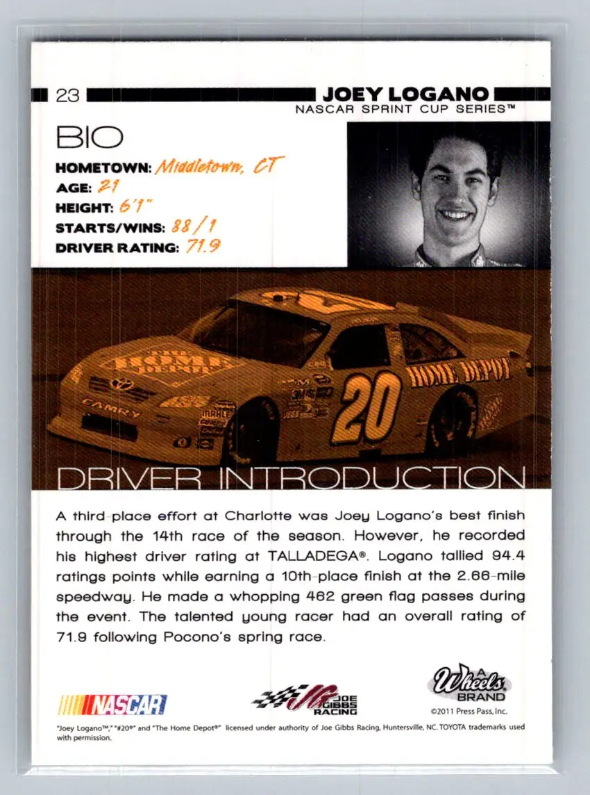 2011 Wheels Main Event #23 Joey Logano Joe Gibbs Racing - Racing Card Single