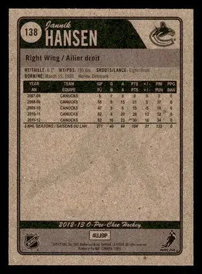 2012-13 O-Pee-Chee #138 Jannik Hansen - Hockey Card Single