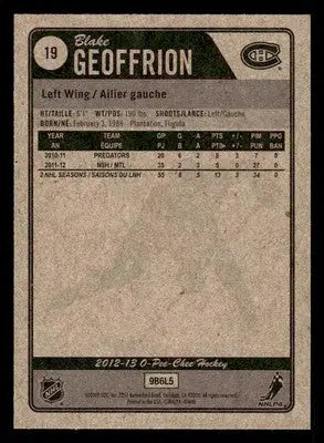 2012-13 O-Pee-Chee #19 Blake Geoffrion - Hockey Card Single