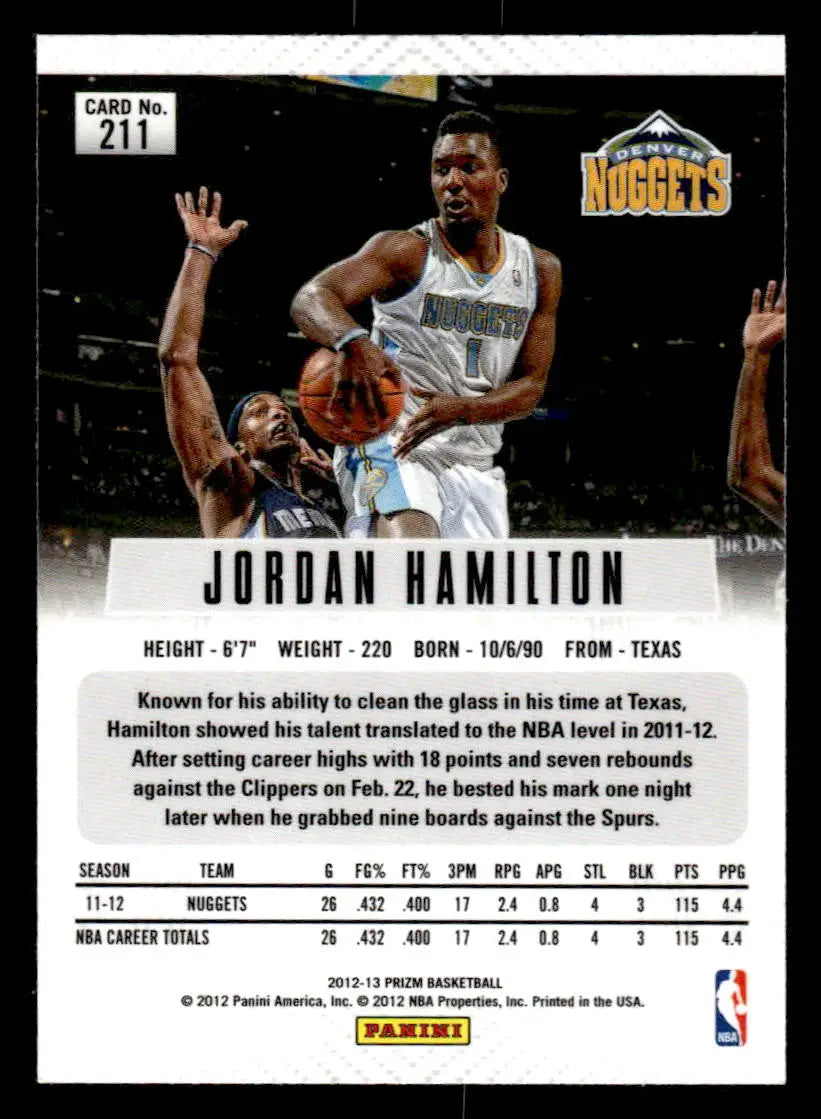 2012-13 Panini Prizm #211 Jordan Hamilton Base RC Denver Nuggets - Basketball Card Single