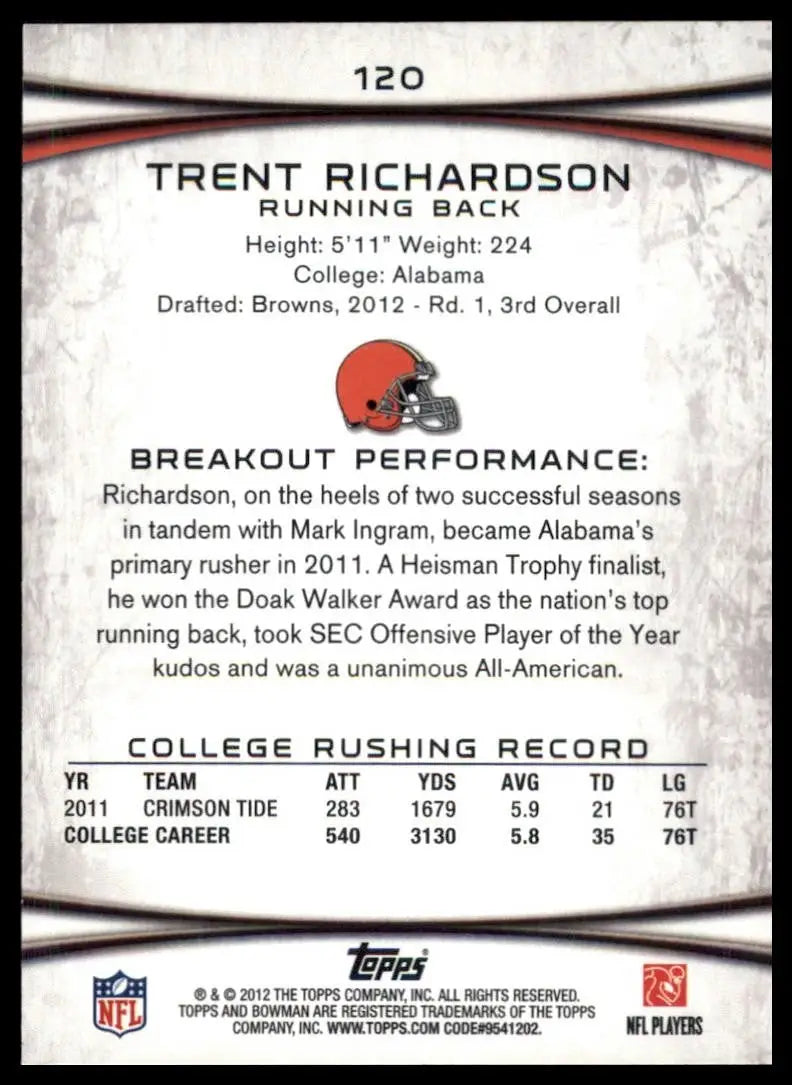2012 Bowman Trent Richardson #120 Rookie Cleveland Browns Football Card NFL - Football Card Single