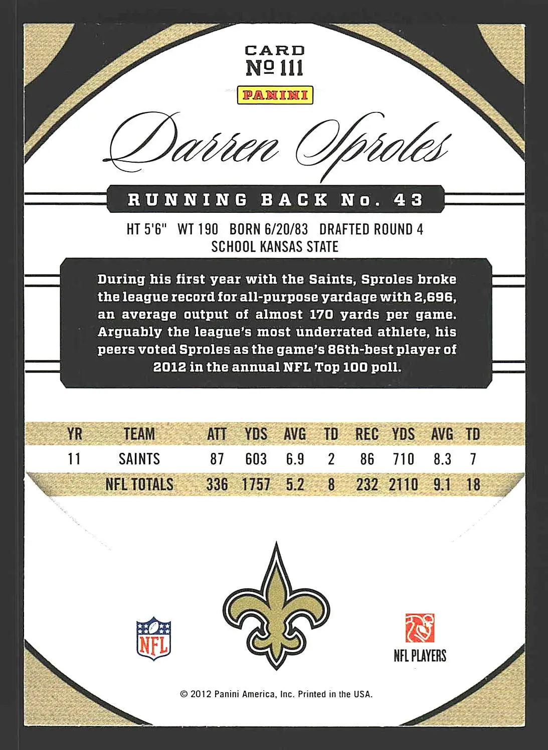 2012 Panini Certified #111 Darren Sproles - Football Card Single