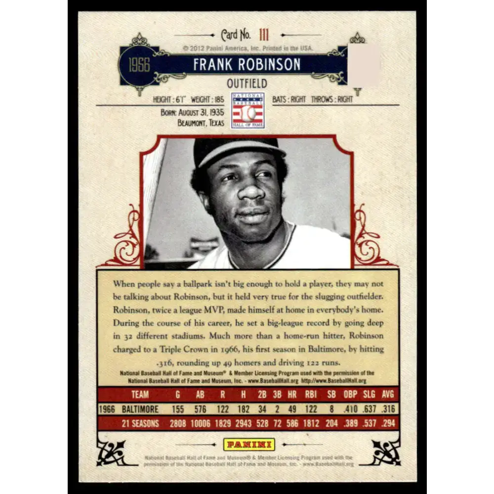 2012 Panini Cooperstown #111 Frank Robinson EX/NM Baltimore Orioles Baseball Card - Baseball Card Single