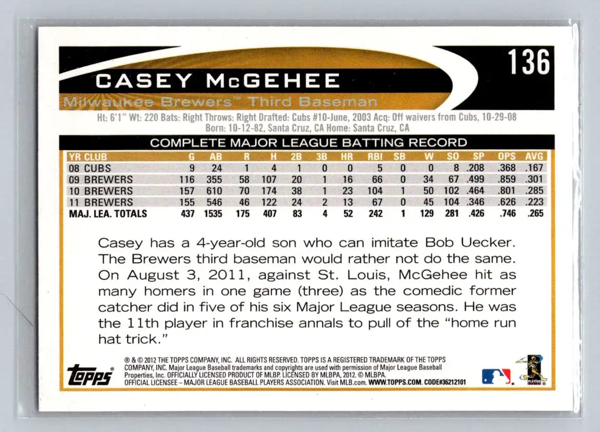 Casey McGehee 2012 Topps #136b baseball card featuring Milwaukee Brewers player