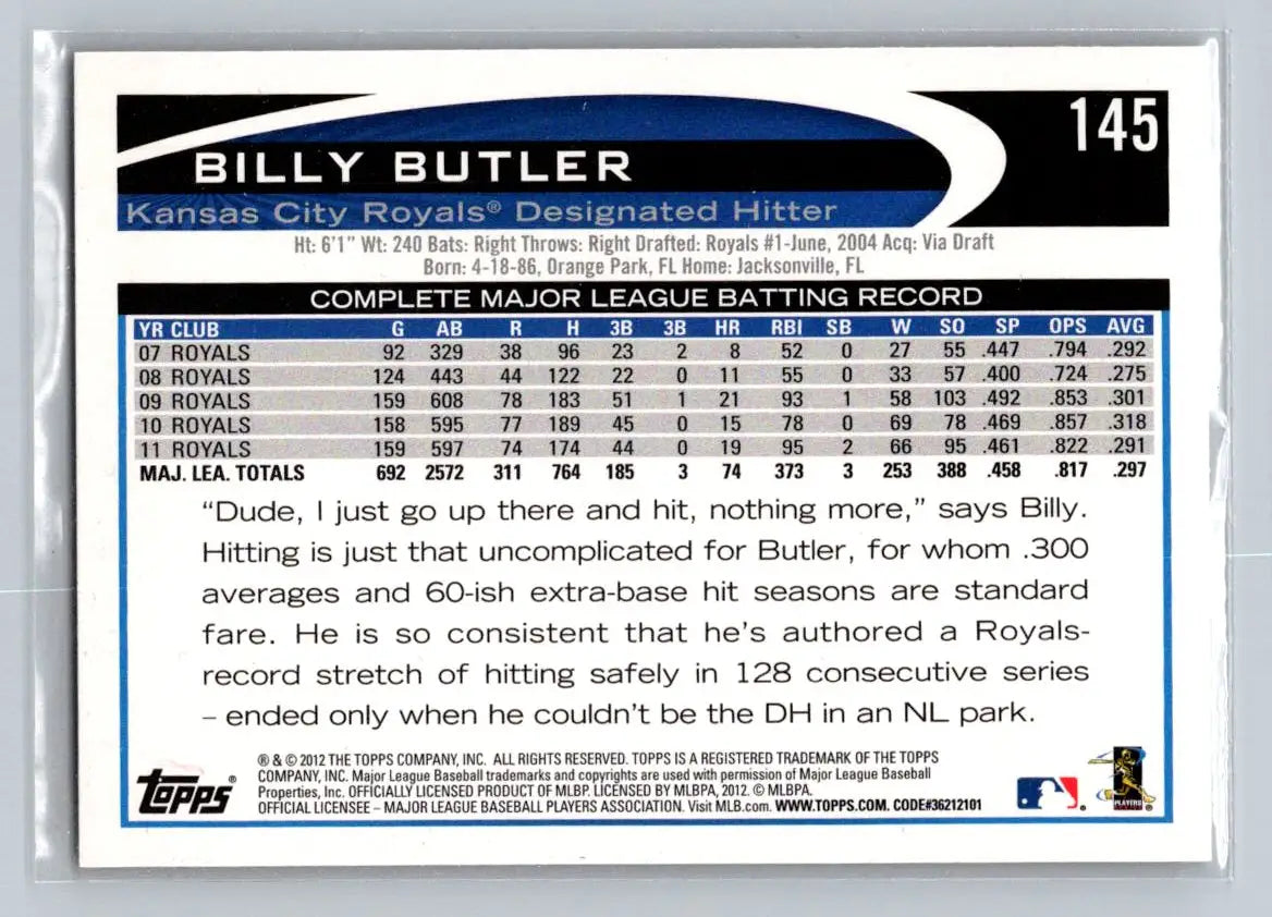 Billy Butler baseball card from 2012 Topps #145b featuring Kansas City Royals star