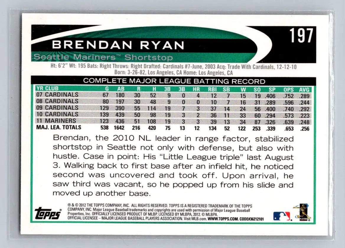 2012 Topps #197a Brendan Ryan baseball card featuring the Seattle Mariners player