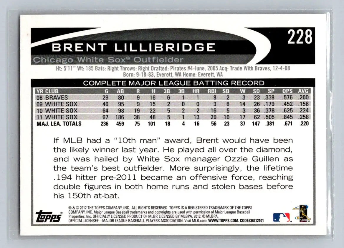 Brent Lillibridge 2012 Topps #228b baseball card for Chicago White Sox collectors