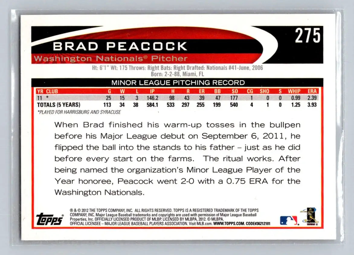 Brad Peacock baseball card 275a Brad Peacock Washington Nationals Rookie collectible