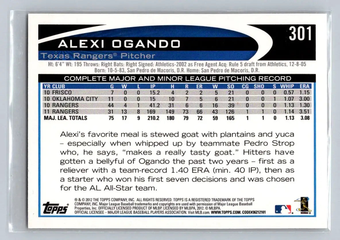 Baseball card back showing 2012 Topps #301a Alexi Ogando Texas Rangers player info