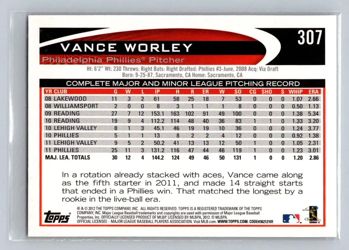 Vance Worley baseball card 2012 Topps #307a Philadelphia Phillies collectible image