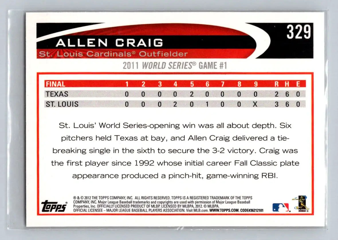 Allen Craig baseball card from 2012 Topps #329 featuring St. Louis Cardinals player