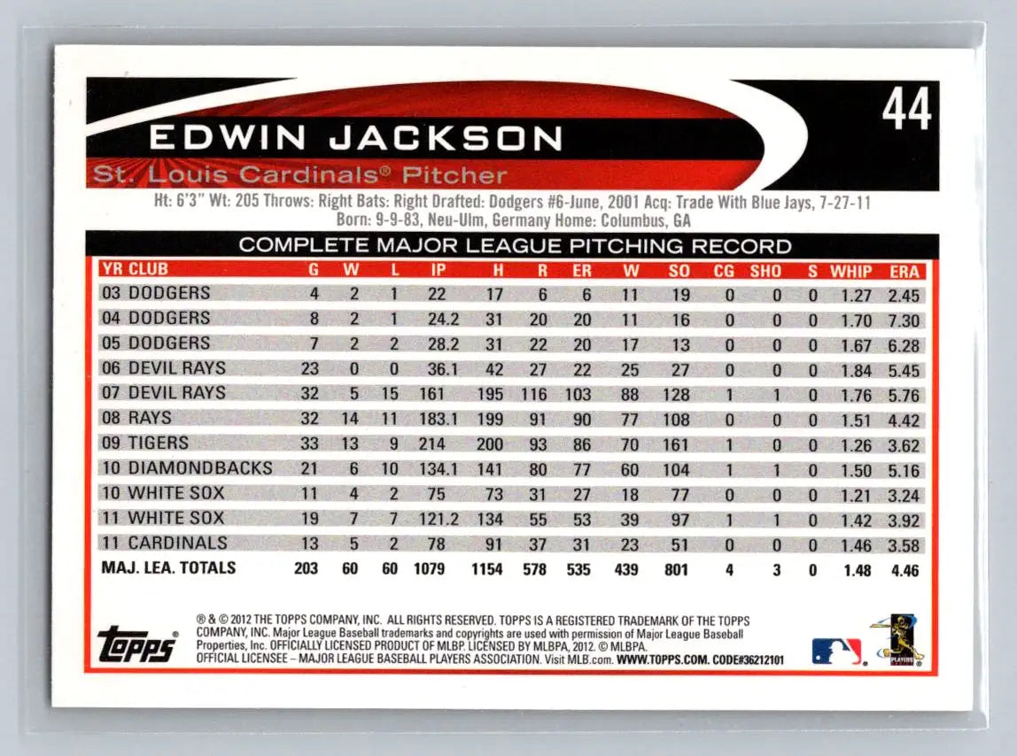 Edwin Jackson baseball card from 2012 Topps #44a St. Louis Cardinals коллекция