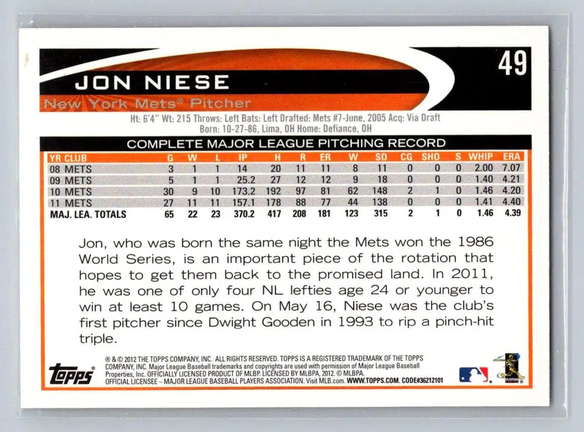 Jon Niese baseball card, 2012 Topps #49b Jon Niese New York Mets collectible