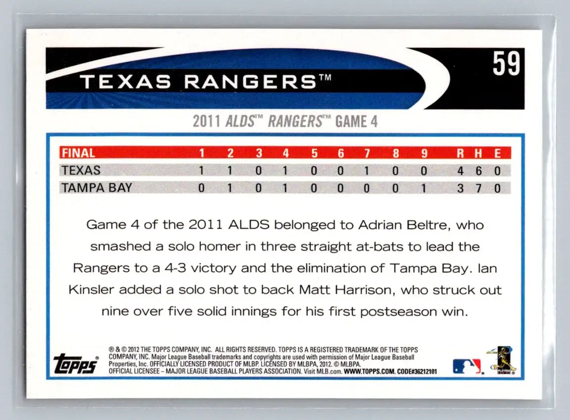 Back of 2012 Topps #59 Texas Rangers baseball card showcasing stats and player info
