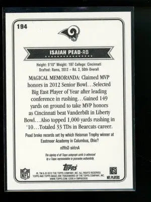 2012 Topps Magic Isaiah Pead #194 Auto RC Football - Football Card Single