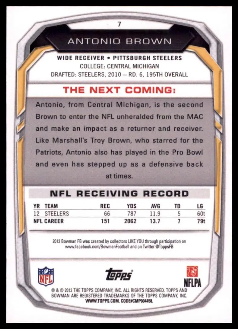 2013 Bowman - Antonio Brown #7 Black - Football Card Single