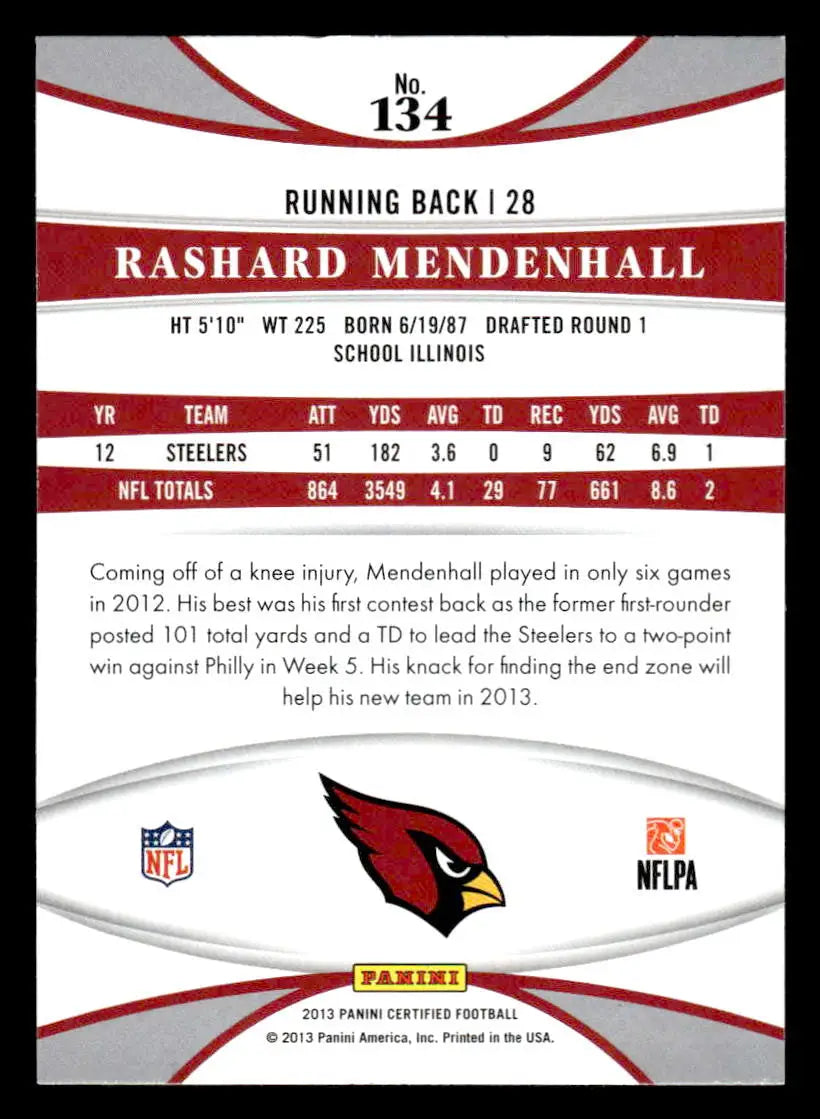 2013 Panini Certified #134 Rashard Mendenhall Platinum Red - Football Card Single