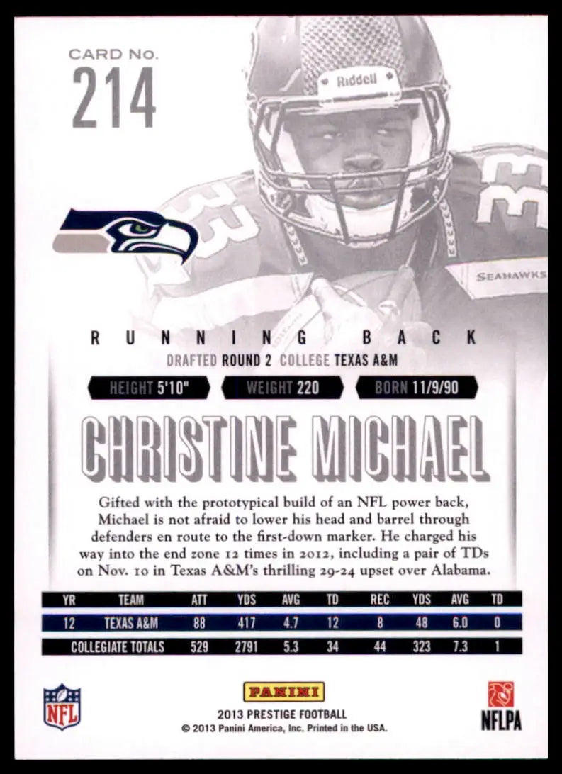 2013 Panini Prestige Christine Michael RC 214 Seattle Seahawks LP - Football Card Single