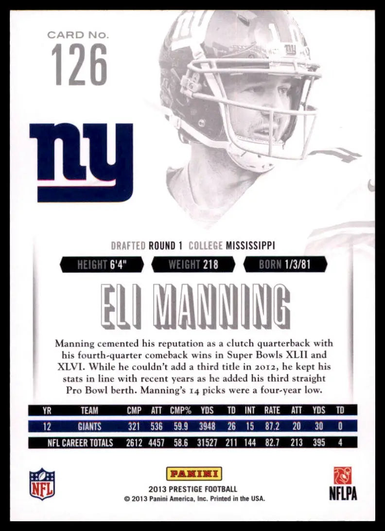 2013 Panini Prestige Eli Manning 126 New York Giants NM - Football Card Single