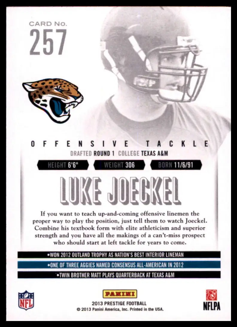 2013 Panini Prestige Luke Joeckel RC 257 Jacksonville Jaguars LP - Football Card Single