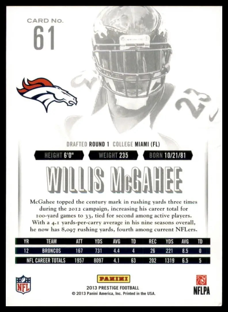 2013 Panini Prestige Willis McGahee #61 Denver Broncos Football Card NFL Sports - Football Card Single