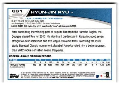 2013 Topps #661a Hyun-Jin Ryu Pitching white jersey - Baseball Card Single