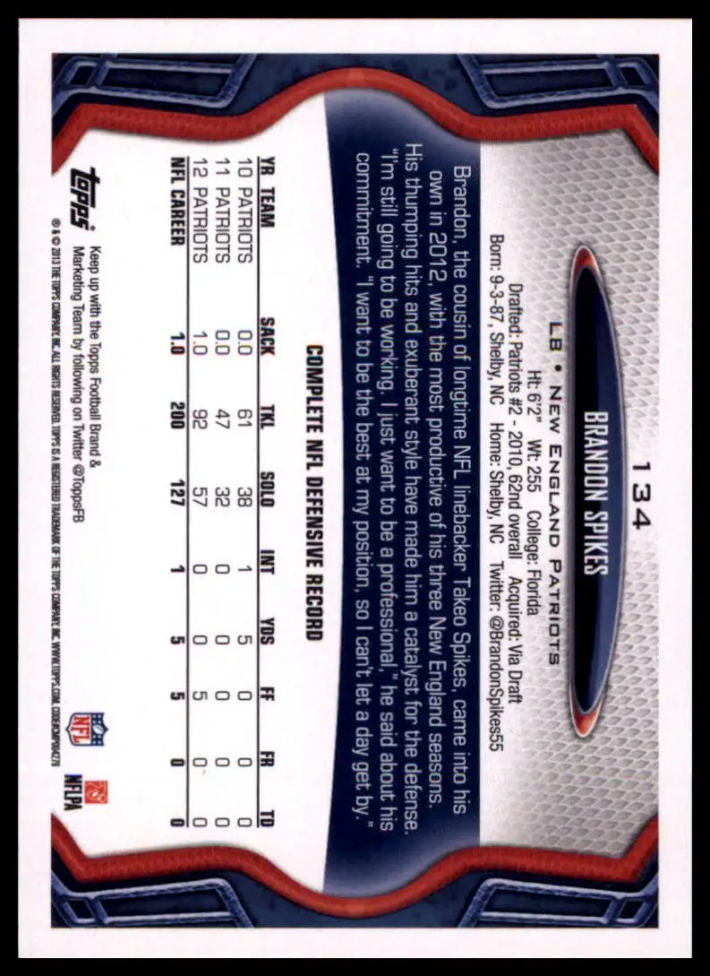 2013 Topps Brandon Spikes 134 New England Patriots NM - Football Card Single