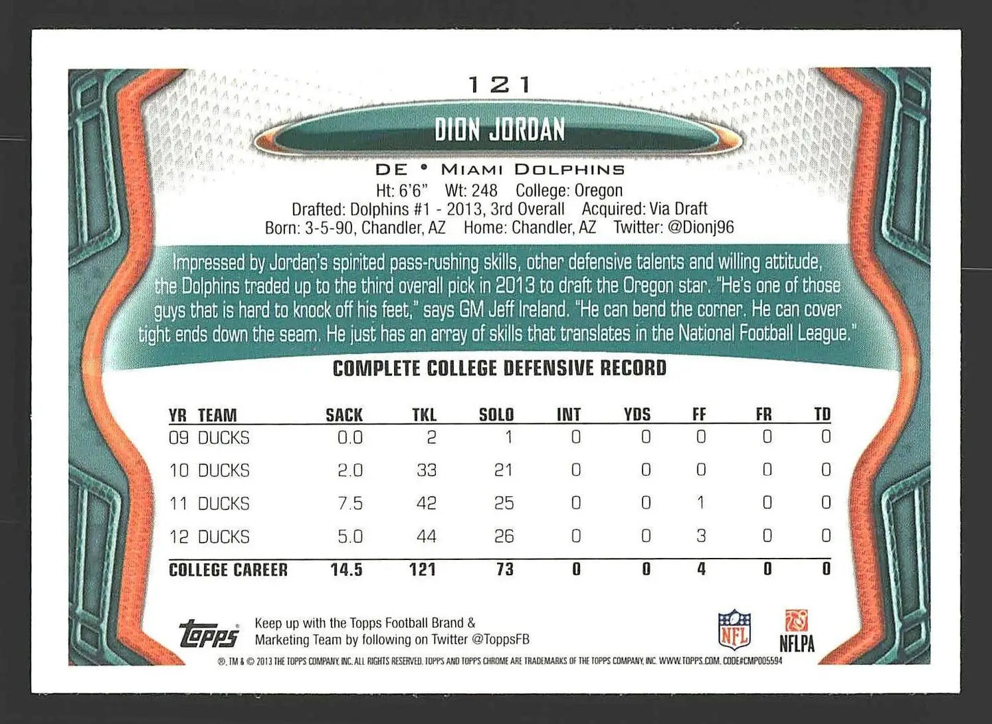 2013 Topps Chrome #121 Dion Jordan - Football Card Single