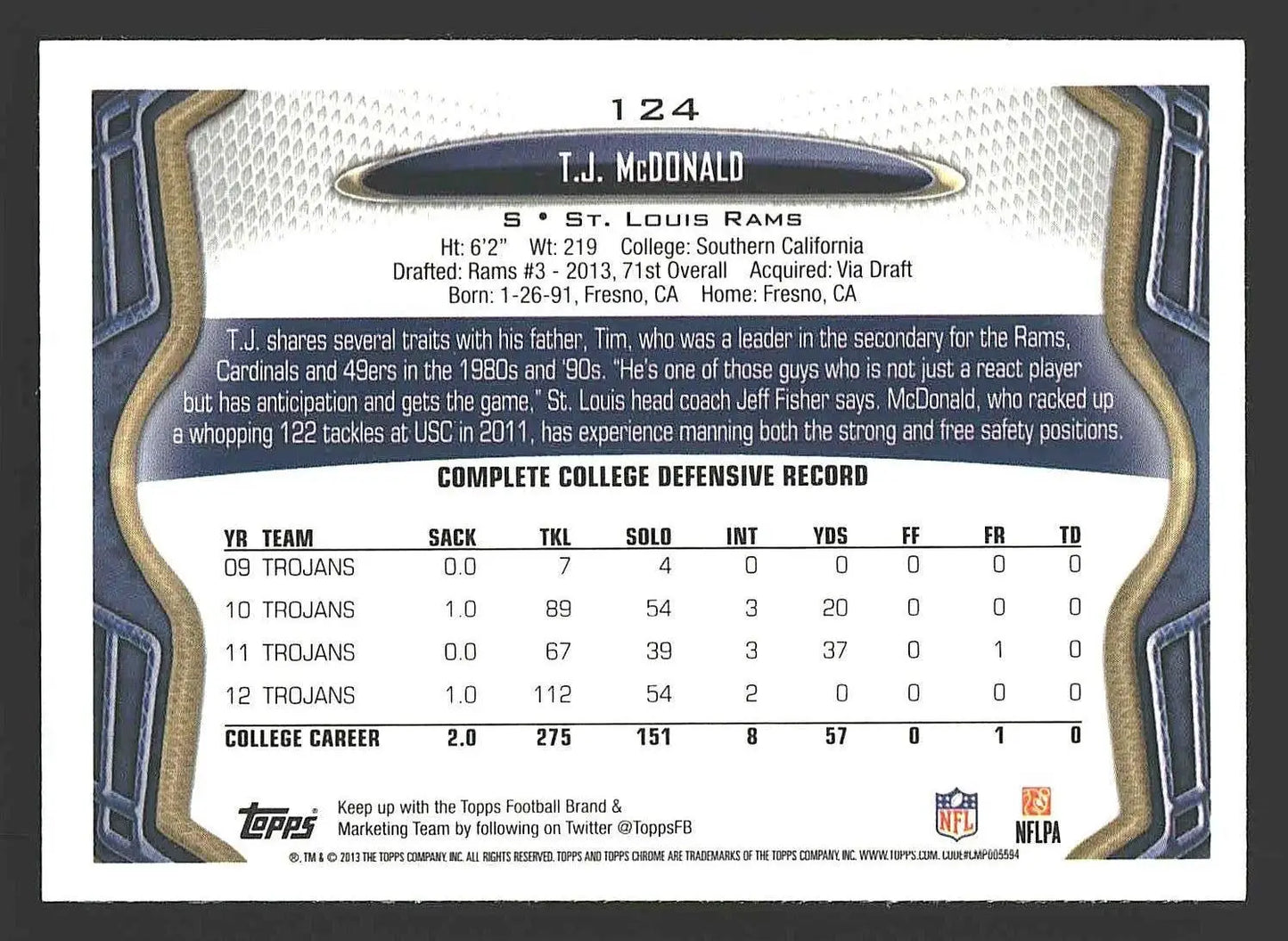 2013 Topps Chrome #124 T.J. McDonald - Football Card Single