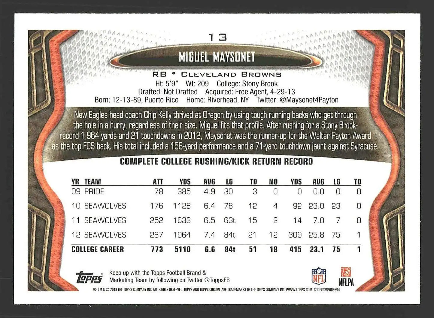 2013 Topps Chrome #13 Miguel Maysonet - Football Card Single