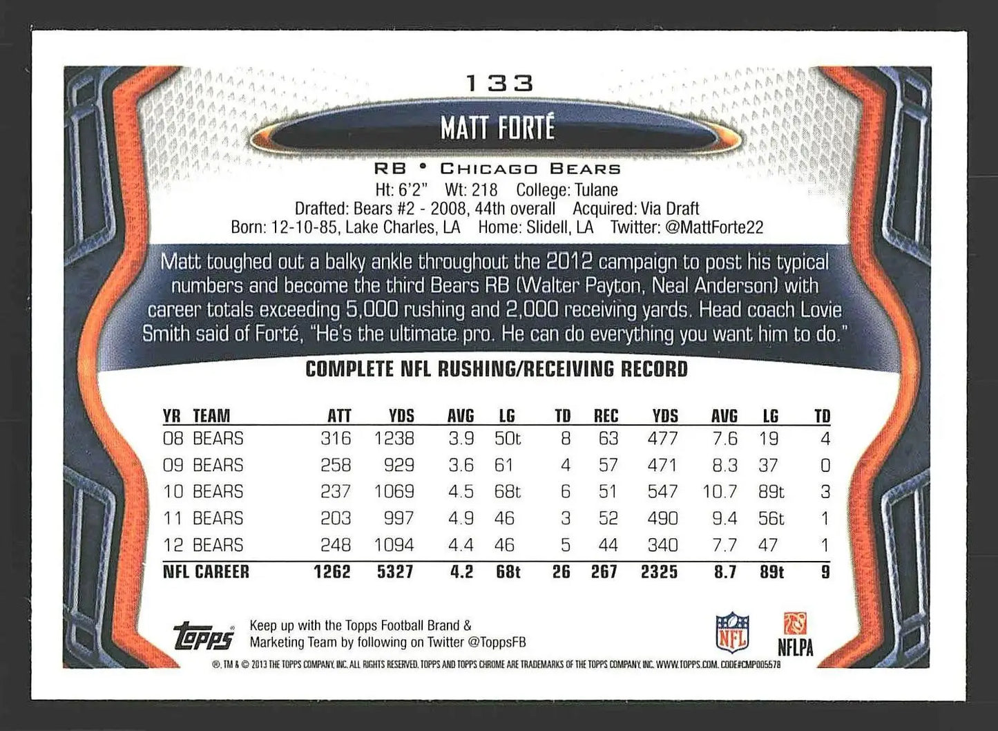 2013 Topps Chrome #133 Matt Forte - Football Card Single