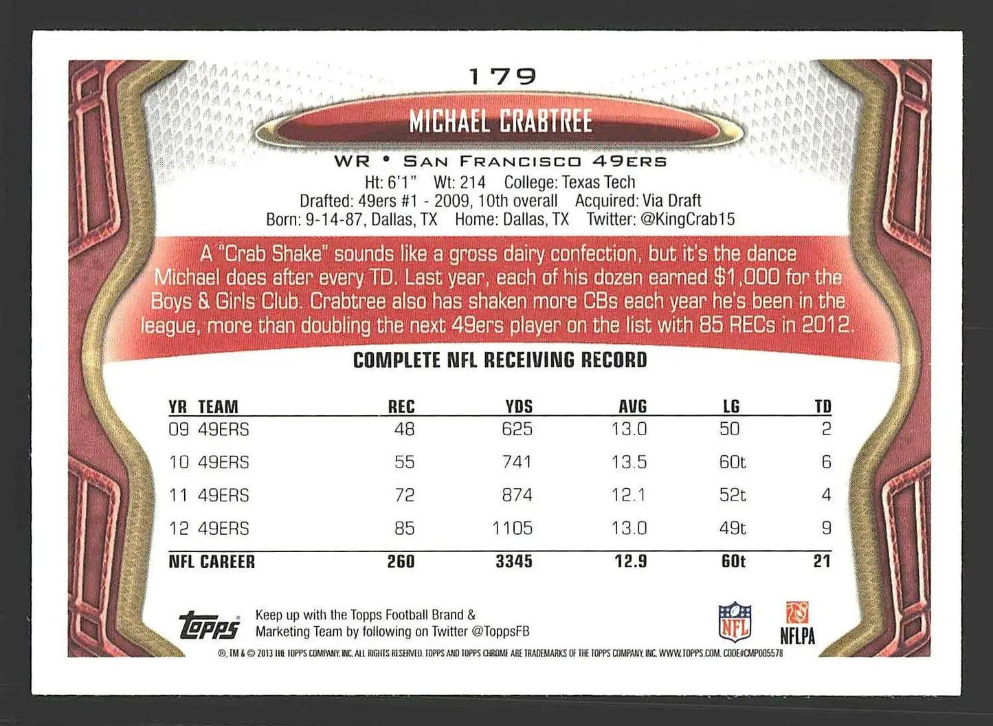 2013 Topps Chrome #179 Michael Crabtree - Football Card Single