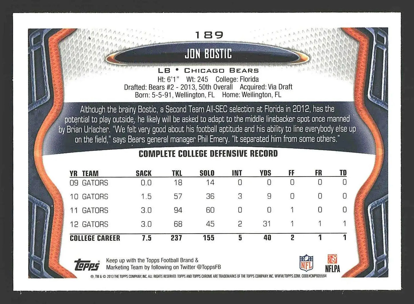 2013 Topps Chrome #189 Jon Bostic - Football Card Single