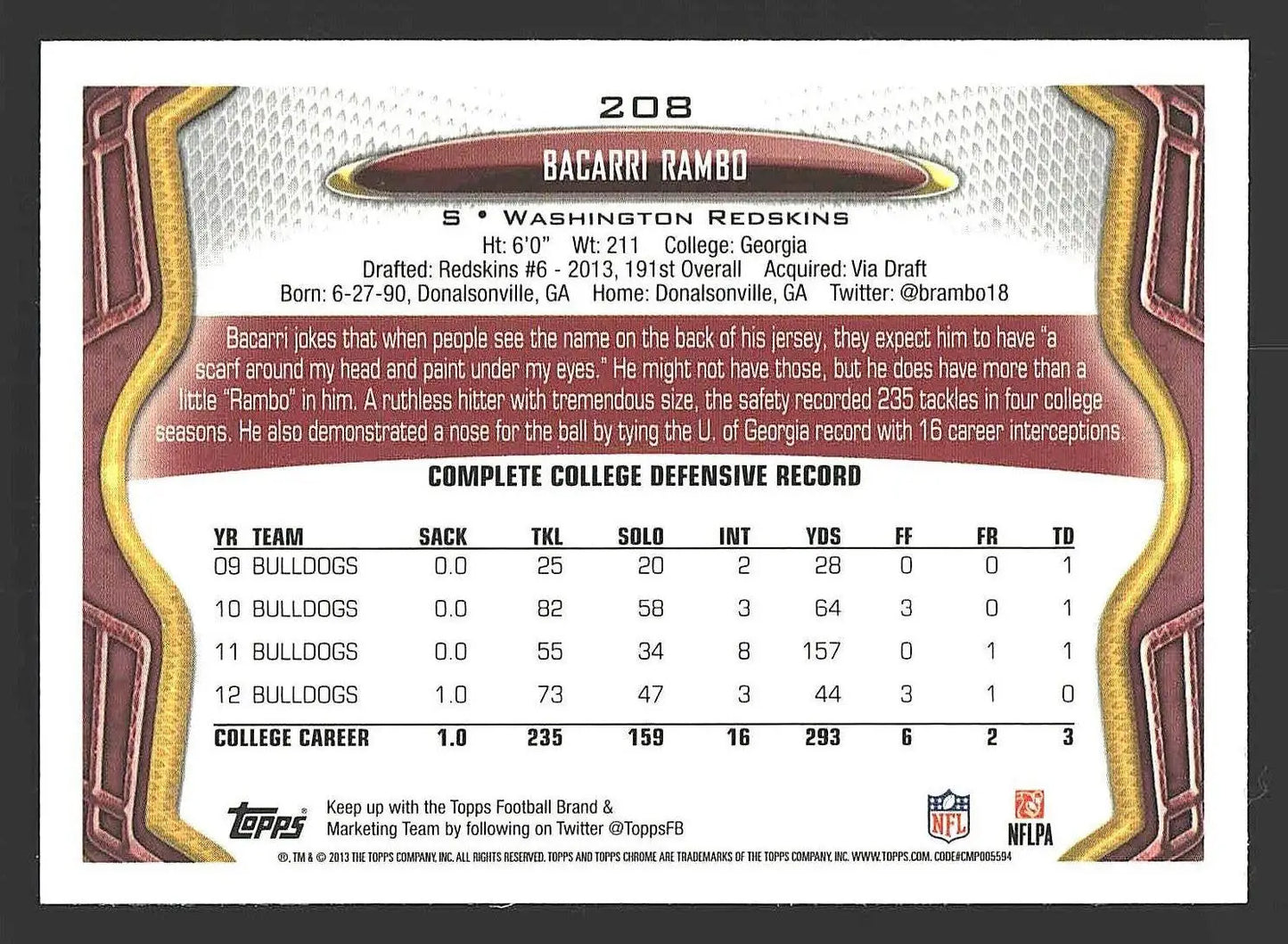 2013 Topps Chrome #208 Bacarri Rambo - Football Card Single