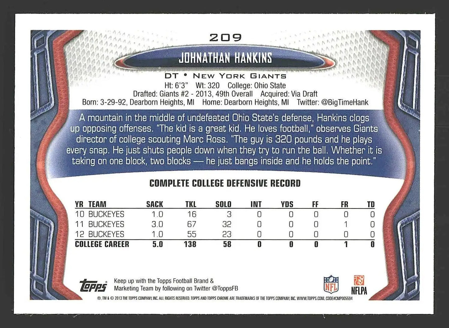 2013 Topps Chrome #209 Johnathan Hankins - Football Card Single