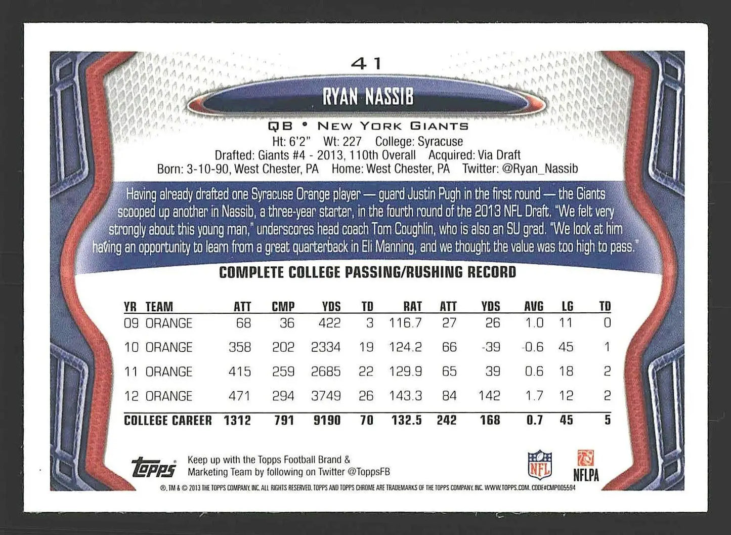 2013 Topps Chrome #41 Ryan Nassib - Football Card Single
